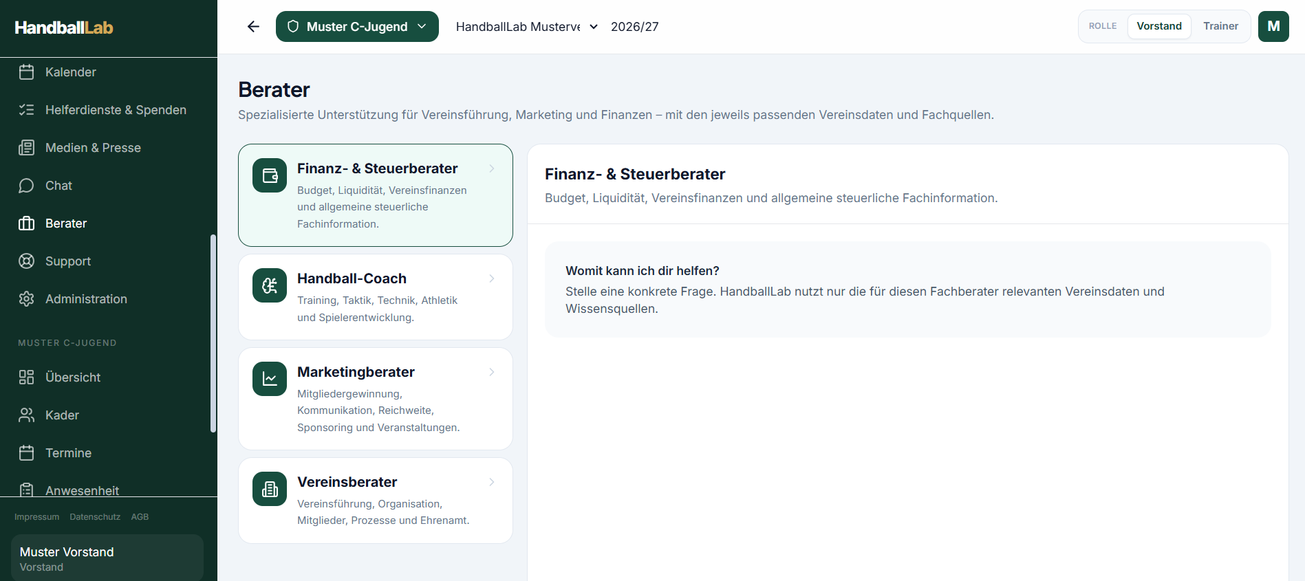 HandballLab Beraterbereich mit Finanz- und Steuerberater, Handball-Coach, Marketingberater und Vereinsberater