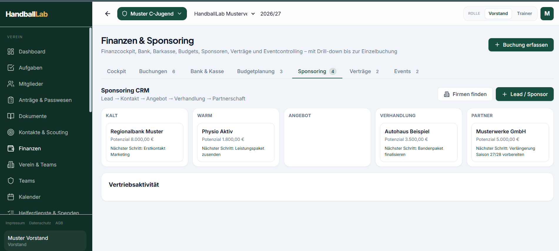 HandballLab Finanzen und Sponsoring CRM mit fiktiven Musterdaten