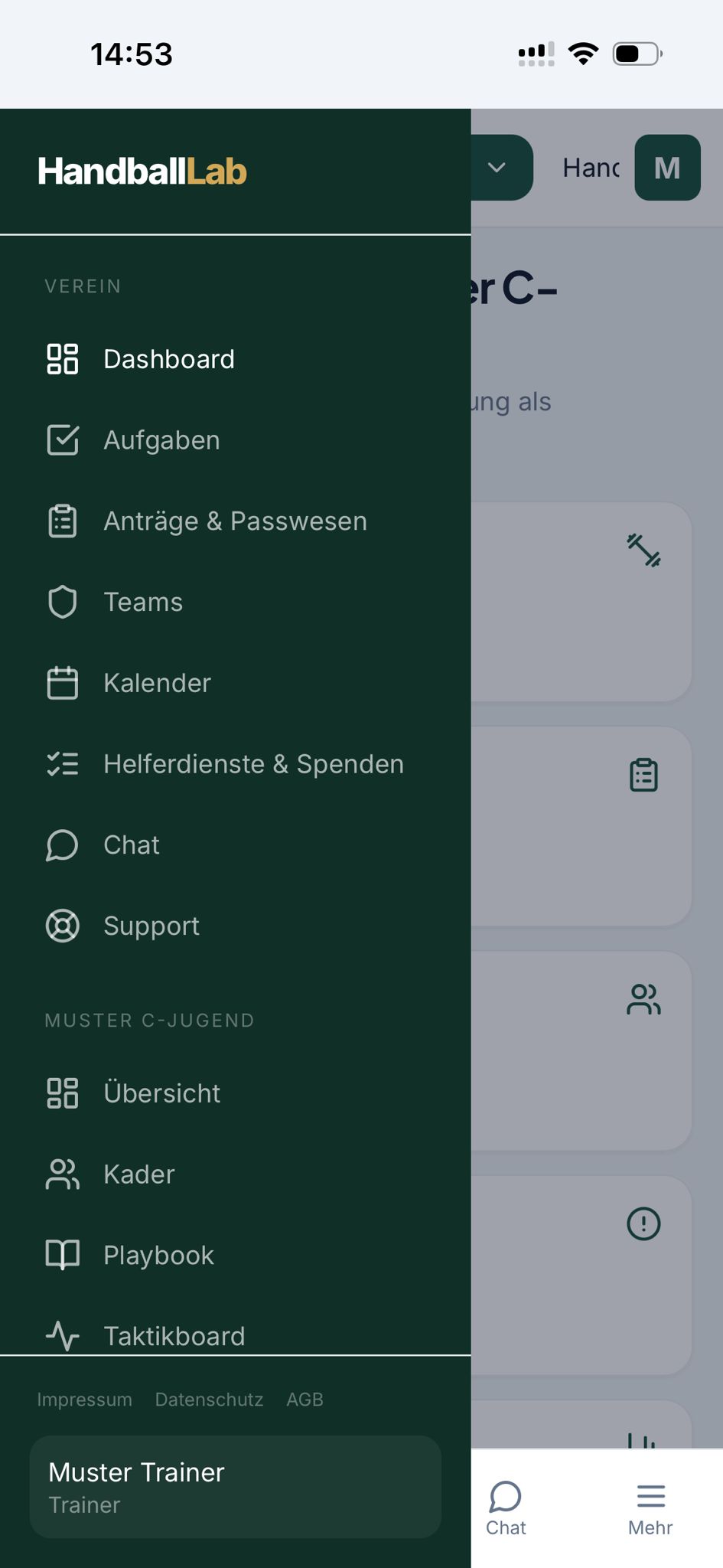 HandballLab Navigation der Muster C-Jugend mit Vereins- und Teambereichen