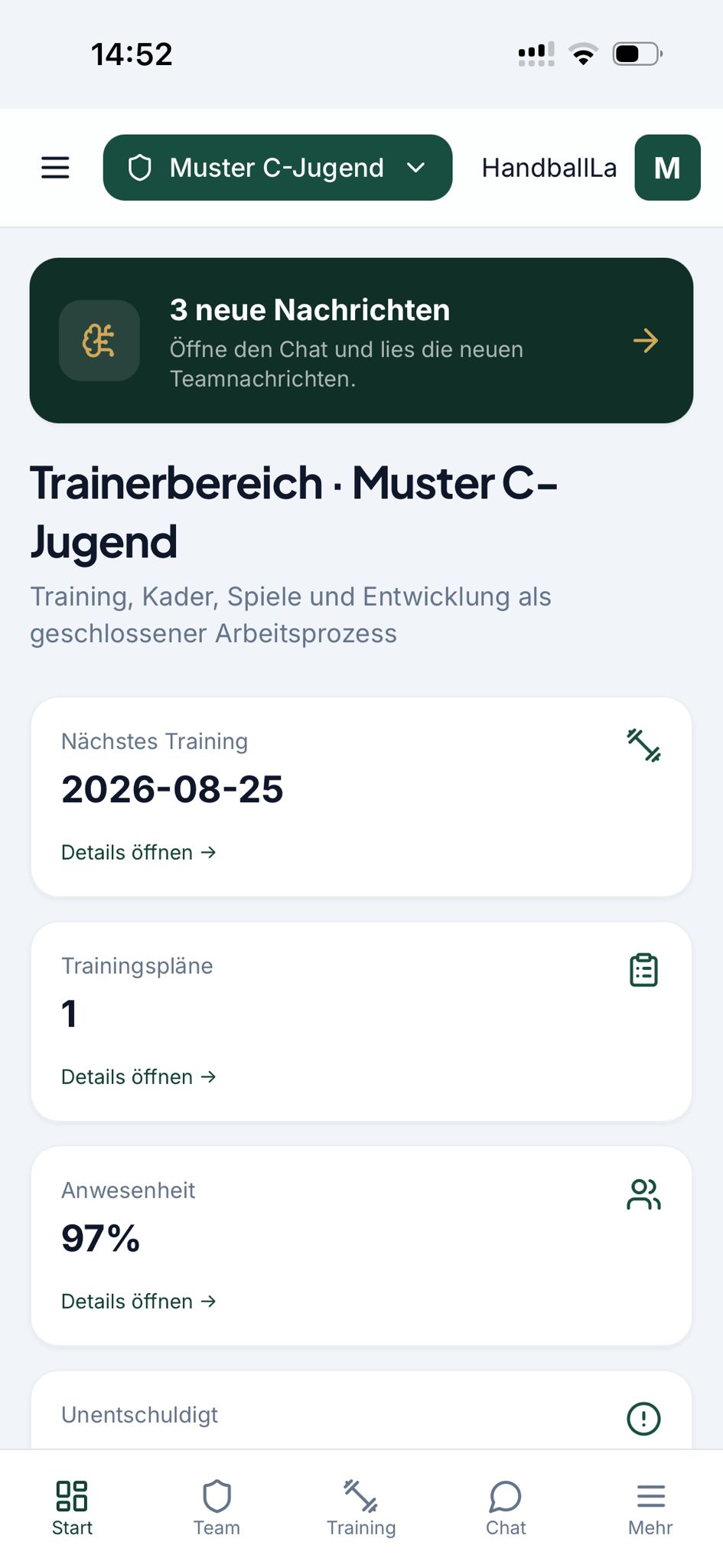 HandballLab Trainerbereich der Muster C-Jugend mit Nachrichten, Training, Trainingsplänen und Anwesenheit