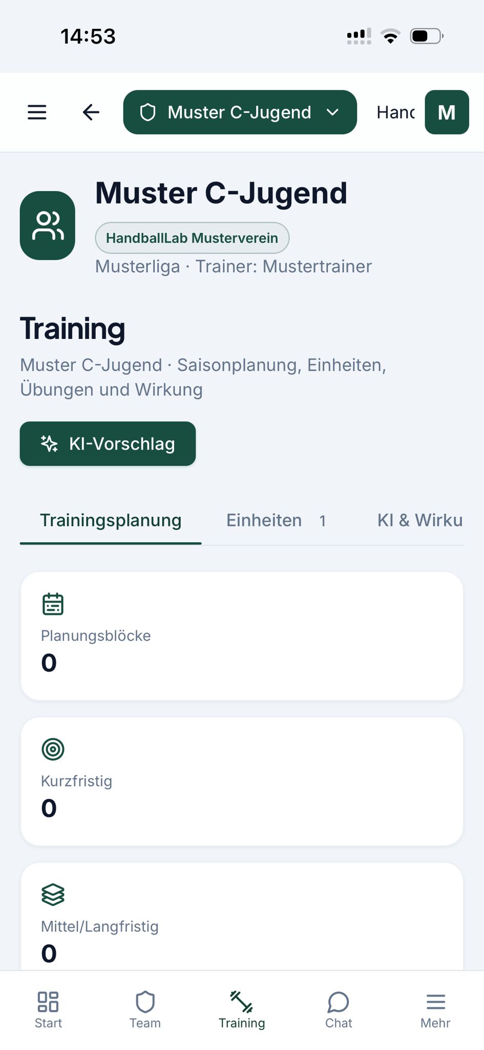HandballLab Trainingsplanung der Muster C-Jugend mit KI-Vorschlag und Planungsblöcken